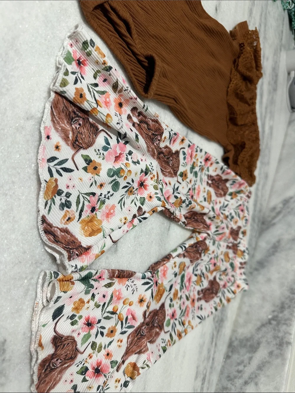 Brown Ribbed One-Shoulder Bodysuit with Floral & Bison Print Pants